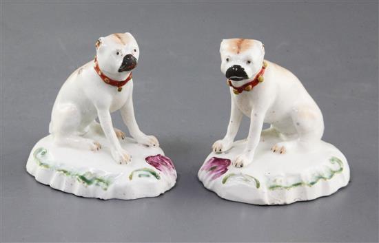 A pair of Derby figures of pug dogs, c.1760-5, h. 7cm, tails lacking